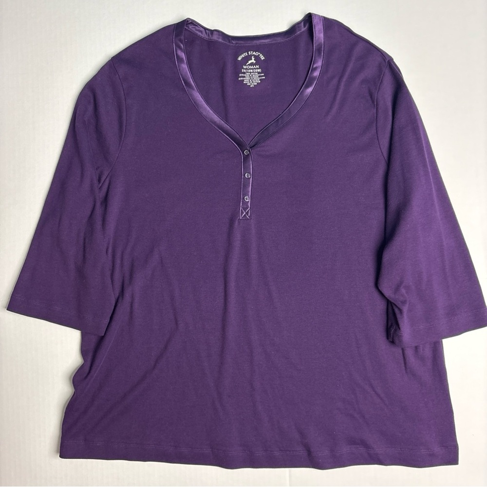 White Stag Women 2X 18W 20W Shirt Purple V-Neck Satin Trim 3/4 Sleeve Cotton